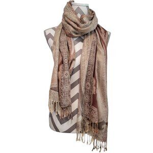 100% Viscose Scarf Shawl Wedding Special Occasion Brown Beige Paisley Y2K *READ*